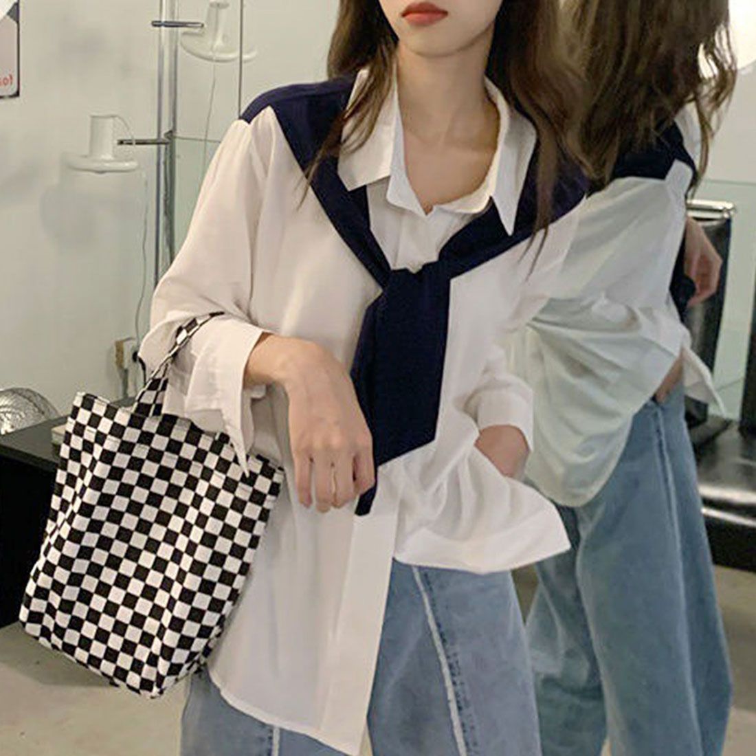 アミュレット Amulet 肩掛け風バイカラーシャツ レディース トップス 長袖 無地 春服 秋 10代 20代 30代 韓国ファッション カジュアル アクセント 差し色 個性的
