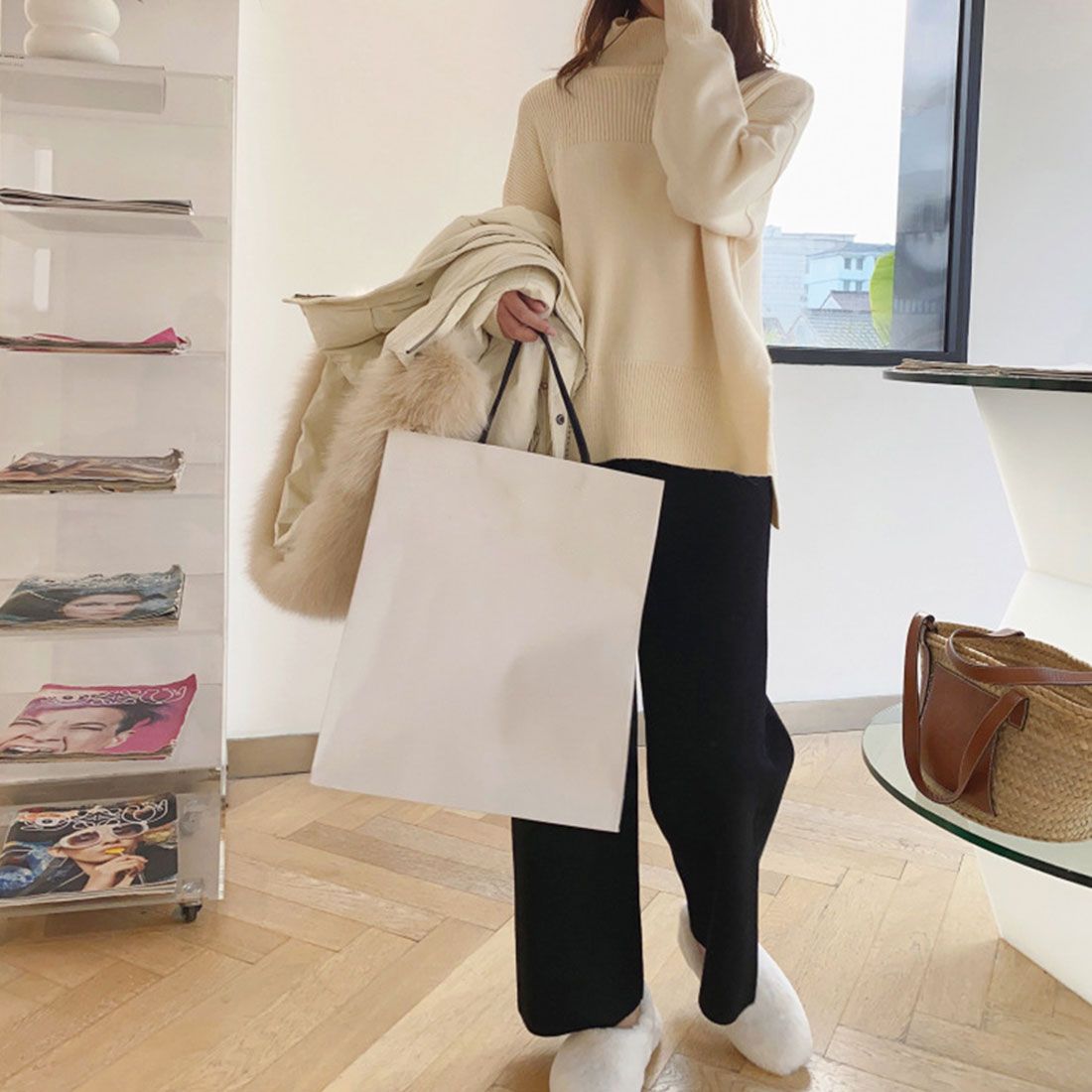 アミュレット Amulet ニットワイドパンツ レディース 10代 20代 30代 韓国ファッション カジュアル ウエストゴム らくちん 大人 シンプル 可愛い 春 秋 冬