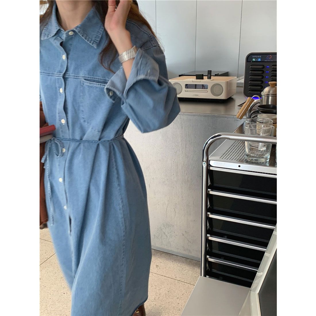 Jewelobe Chest Pocket Denim Shirt Dress