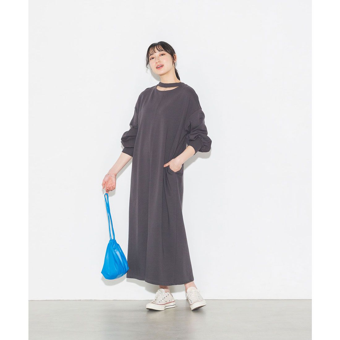 ハンチ hunch 無地 ミニ裏毛 ネックスリット 2WAY ワンピース  | レディース ワンピース ロング ロングワンピース スウェット 長袖
