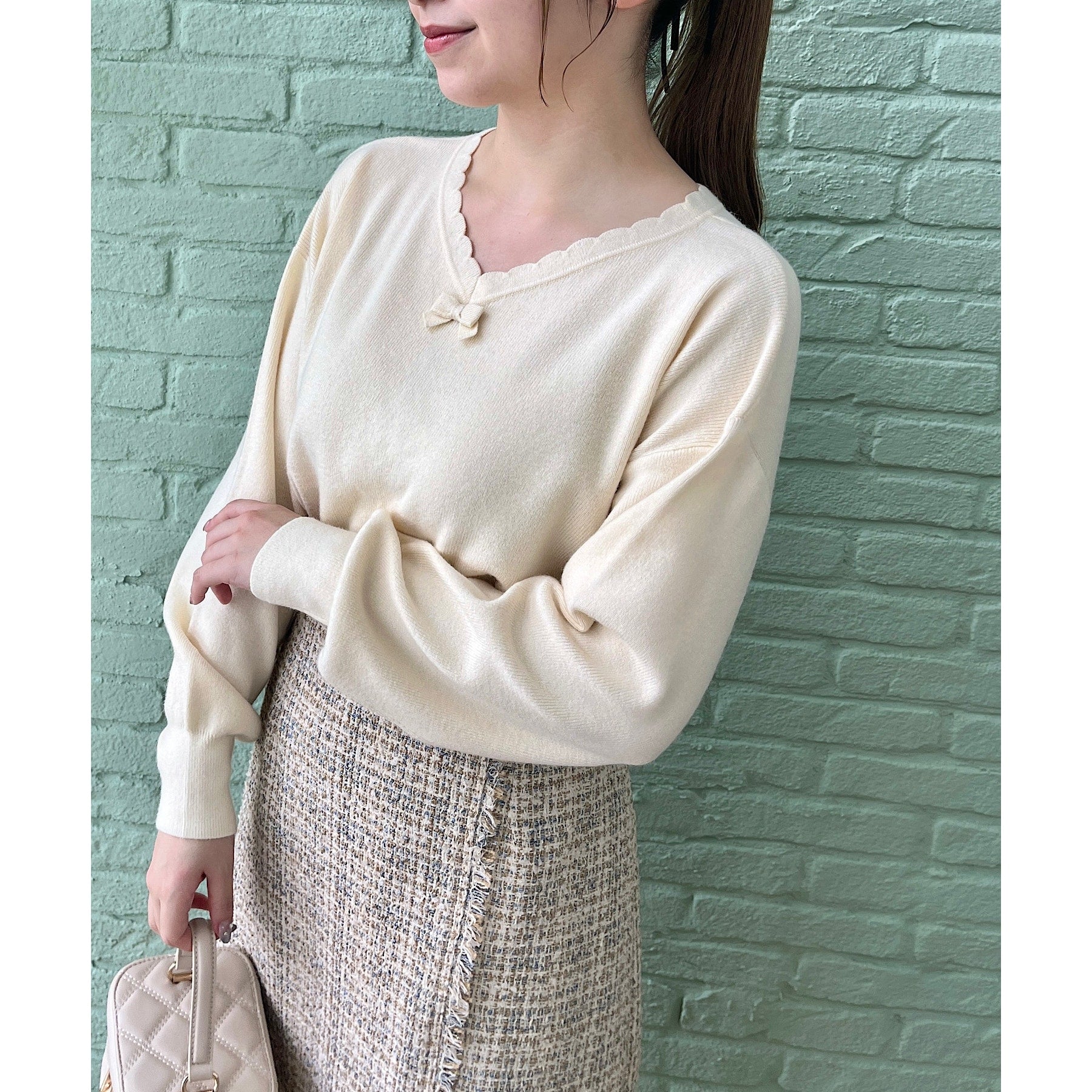 クチュール ブローチ Couture Brooch 前後2WAYスカラリボン衿ニット （ベビーピンク(071)） ベビーピンク(071)