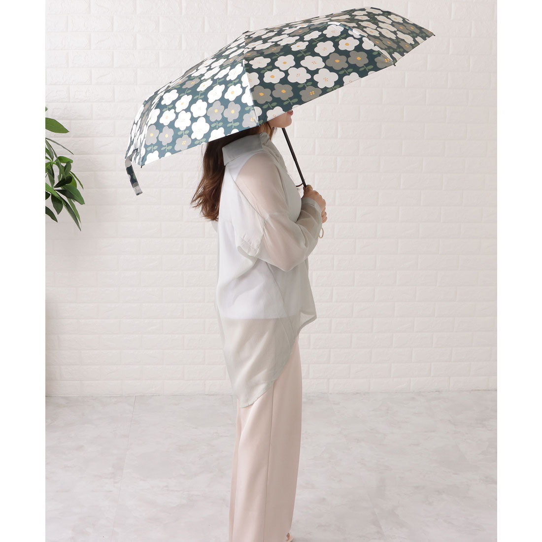 レースレディース Lace Ladies 晴雨兼用ワンタッチフラワー折りたたみ傘 （グリーン） グリーン