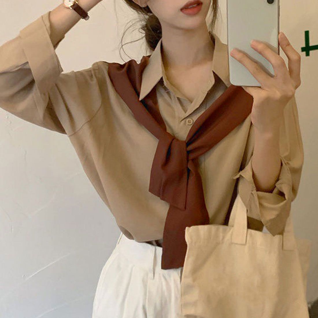 アミュレット Amulet 肩掛け風バイカラーシャツ レディース トップス 長袖 無地 春服 秋 10代 20代 30代 韓国ファッション カジュアル アクセント 差し色 個性的