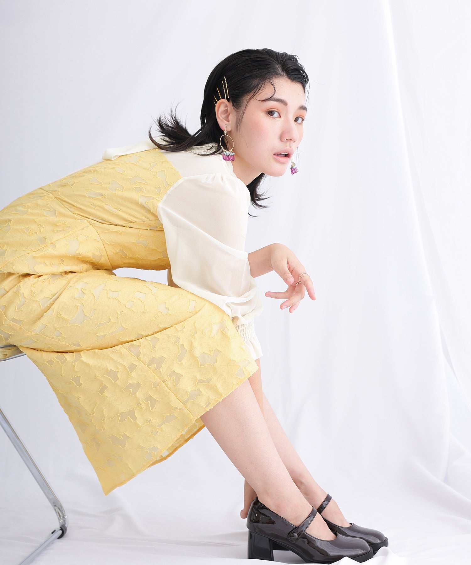 プールヴー PourVous 結婚式パーティードレスミモレ丈と袖ありジャガードお呼ばれフォーマル ワンピース 20代 30代 40代 （イエロー） イエロー