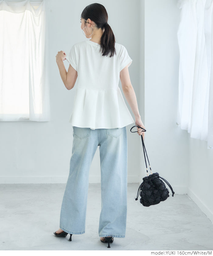 コカ coca 異素材切り替えフレンチスリーブフレアトップス （White） White