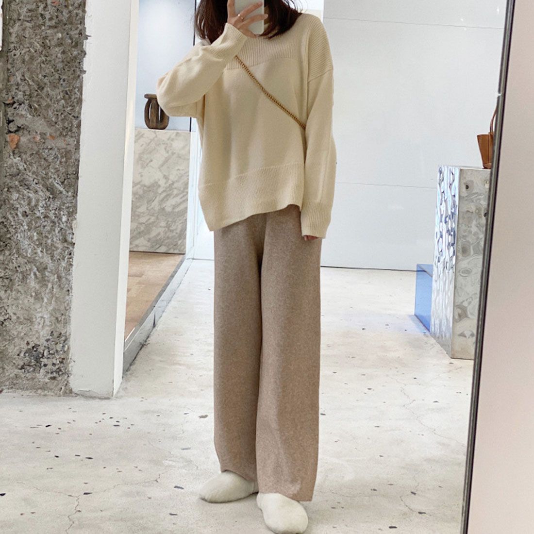 アミュレット Amulet ニットワイドパンツ レディース 10代 20代 30代 韓国ファッション カジュアル ウエストゴム らくちん 大人 シンプル 可愛い 春 秋 冬