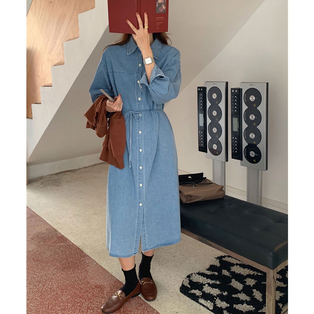 Jewelobe Chest Pocket Denim Shirt Dress