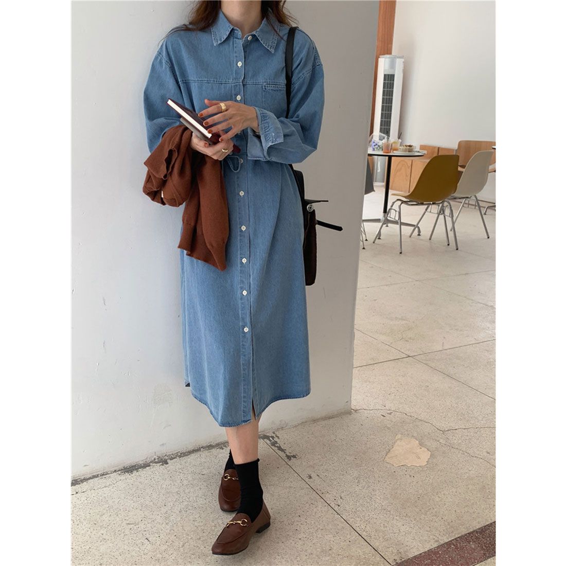 Jewelobe Chest Pocket Denim Shirt Dress