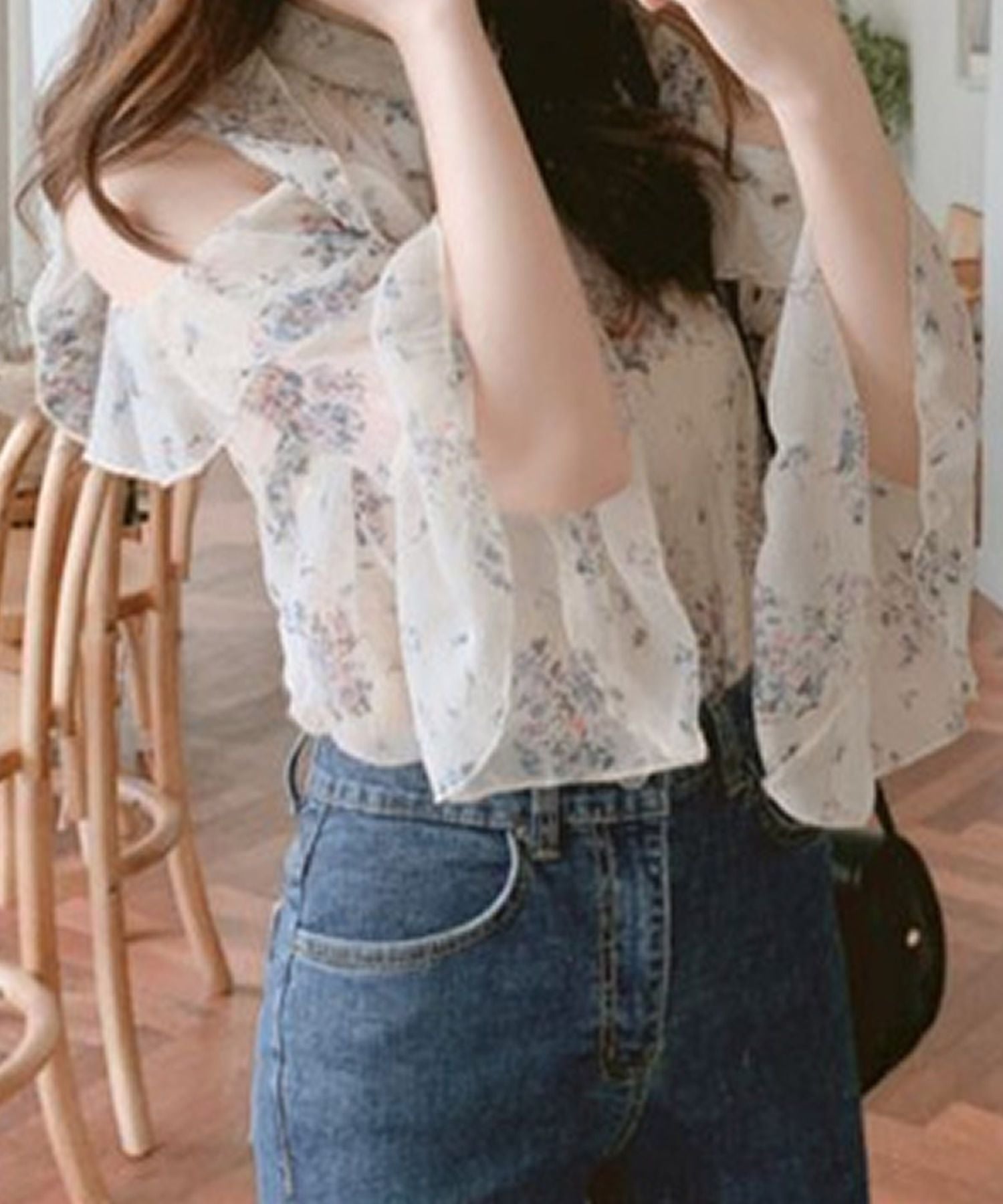 グランディール Grandeir オープンショルダー小花柄シフォンブラウス