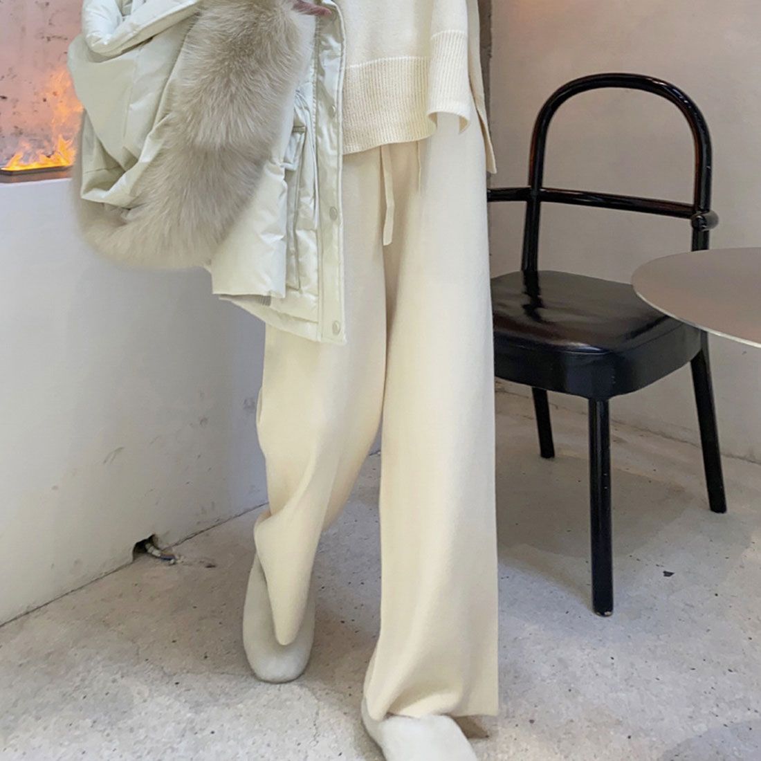アミュレット Amulet ニットワイドパンツ レディース 10代 20代 30代 韓国ファッション カジュアル ウエストゴム らくちん 大人 シンプル 可愛い 春 秋 冬