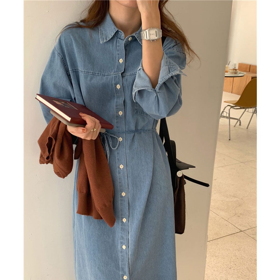 Jewelobe Chest Pocket Denim Shirt Dress