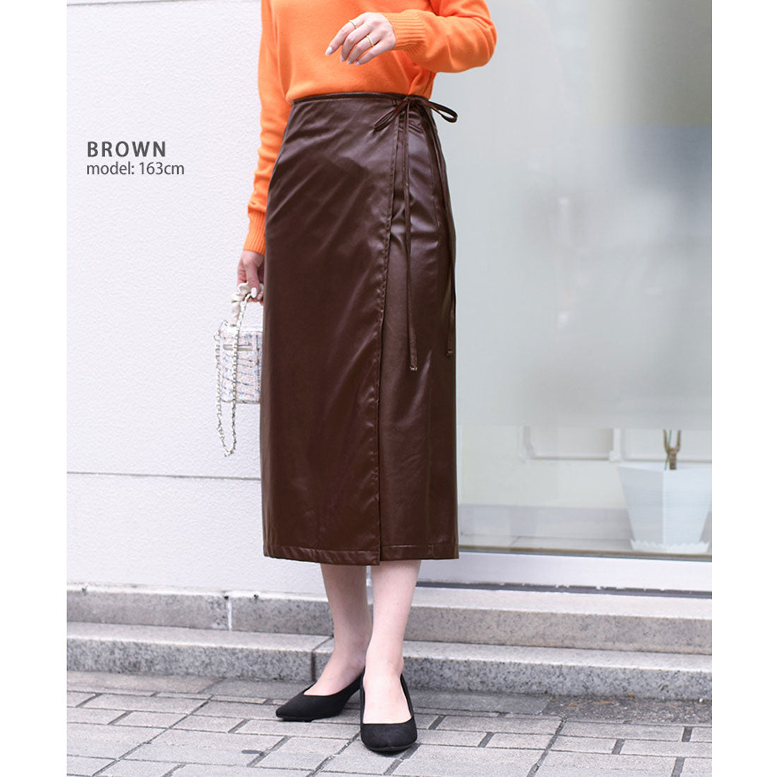 リアルスタイル REAL STYLE ラップスカート レディース ロング 40代 50代 タイト オフィス OL  上品 フェイクレザー 無地 美脚 秋冬 （ブラウン） ブラウン