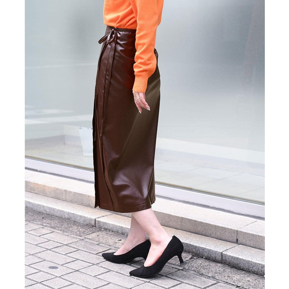 リアルスタイル REAL STYLE ラップスカート レディース ロング 40代 50代 タイト オフィス OL  上品 フェイクレザー 無地 美脚 秋冬 （ブラウン） ブラウン