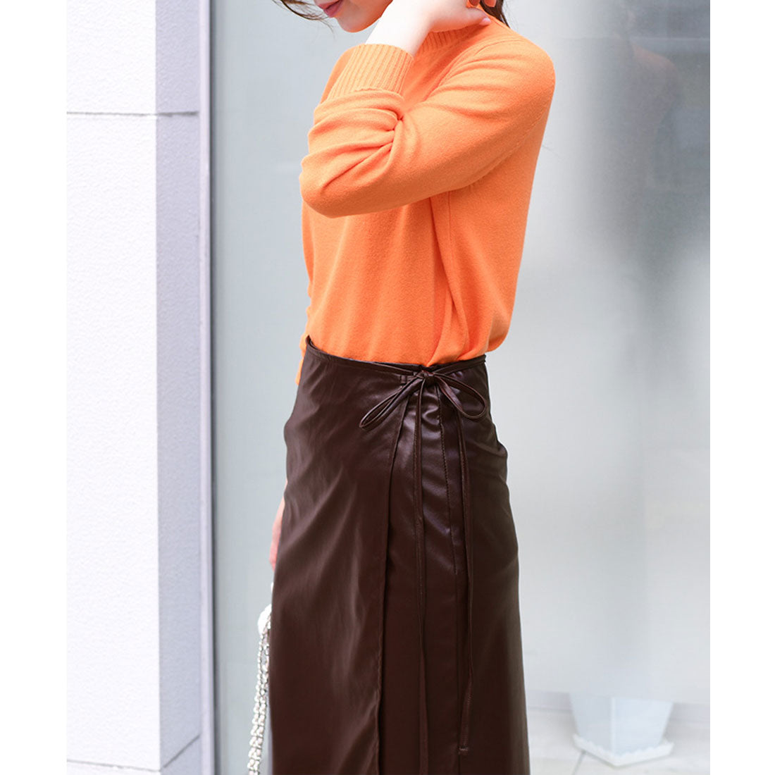 リアルスタイル REAL STYLE ラップスカート レディース ロング 40代 50代 タイト オフィス OL  上品 フェイクレザー 無地 美脚 秋冬 （ブラウン） ブラウン