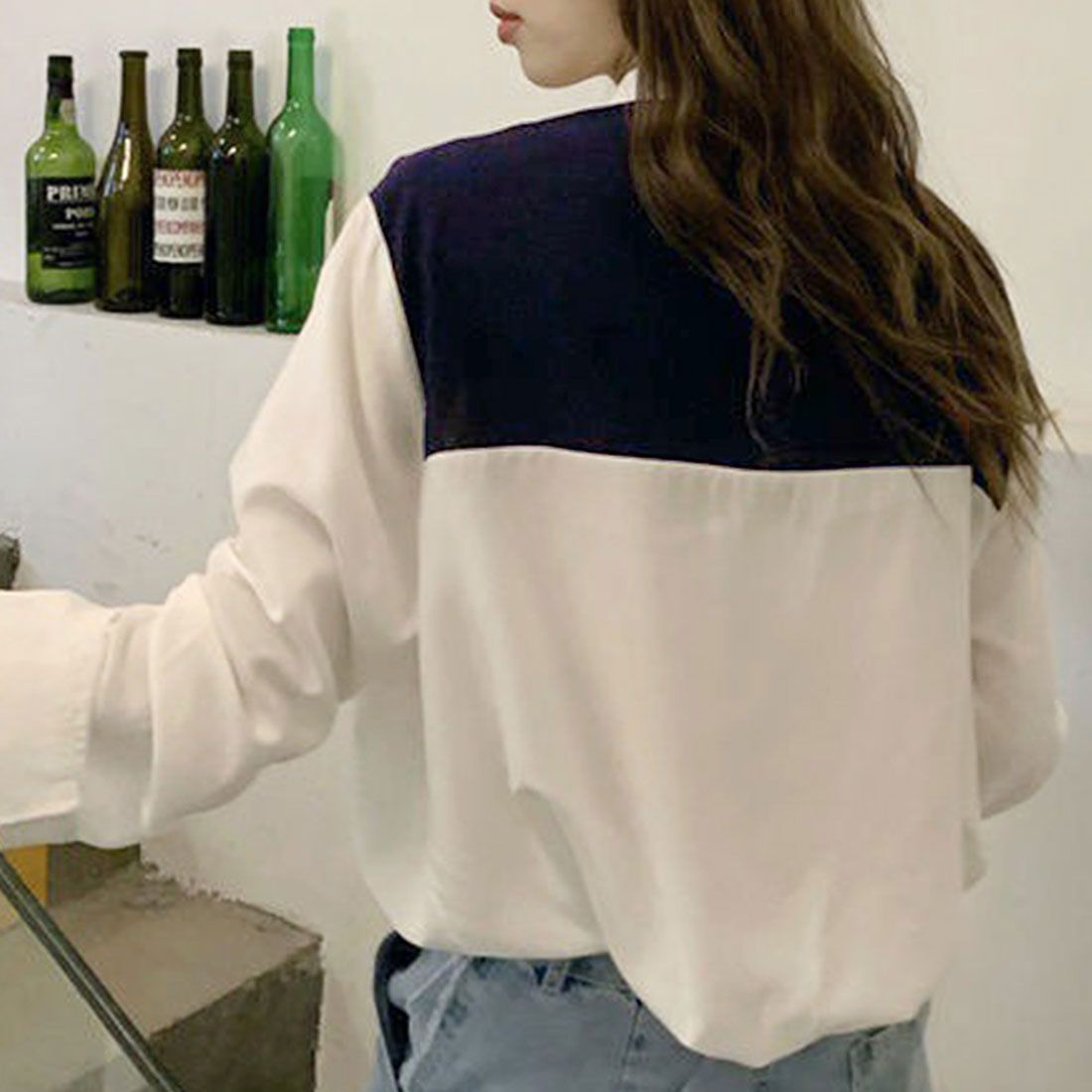 アミュレット Amulet 肩掛け風バイカラーシャツ レディース トップス 長袖 無地 春服 秋 10代 20代 30代 韓国ファッション カジュアル アクセント 差し色 個性的