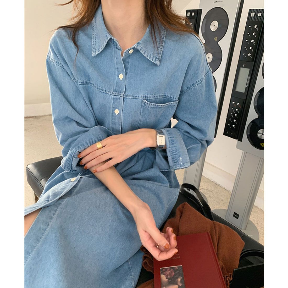 Jewelobe Chest Pocket Denim Shirt Dress