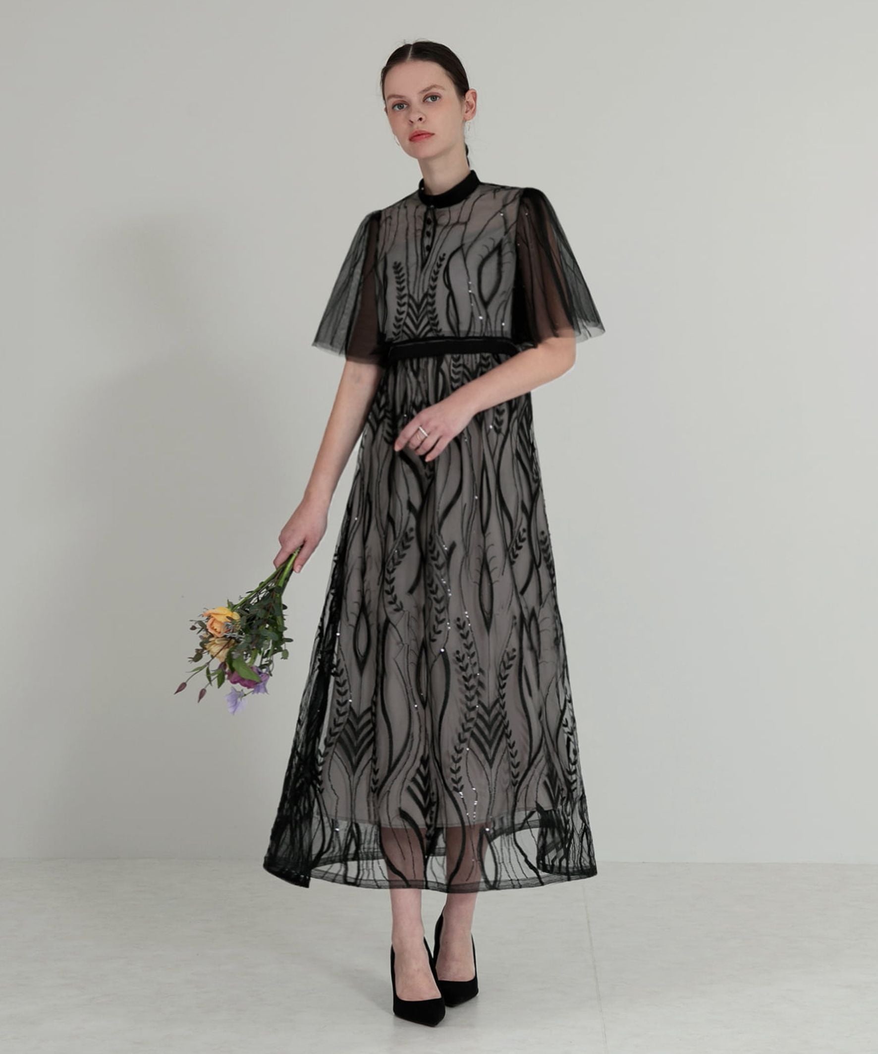 レジャ Leja ボレロ付きレース刺繍プチハイネックウエストマークセットアップワンピースロングドレス美脚効果結婚式 パーティードレス 成人式 20代 30代 40代