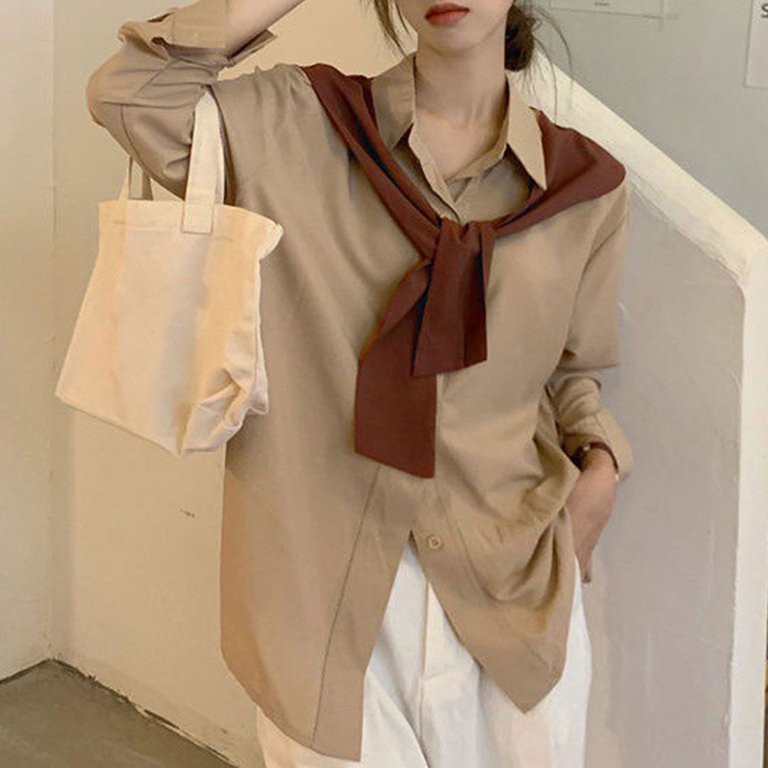アミュレット Amulet 肩掛け風バイカラーシャツ レディース トップス 長袖 無地 春服 秋 10代 20代 30代 韓国ファッション カジュアル アクセント 差し色 個性的