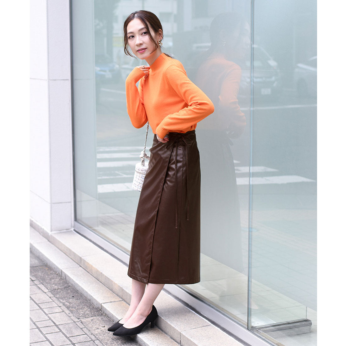リアルスタイル REAL STYLE ラップスカート レディース ロング 40代 50代 タイト オフィス OL  上品 フェイクレザー 無地 美脚 秋冬 （ブラウン） ブラウン